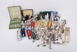 A quantity of silverplated flatware. Including boxed cake forks, Marlborough plate cutlery, etc.