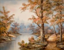 Irene Cafieri (20th century), oil on canvas, woodland river scene. Signed 'I.