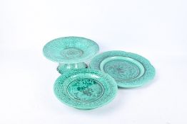 Three pieces of 19th century French majolica turquoise glazed ceramics.