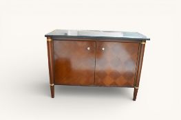 A contemporary Regency style marble top sideboard with checkerboard marquetry pattern doors.