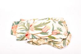 Pair of crewel wool work embroidery pleated and lined curtains with birds in foliage pattern.