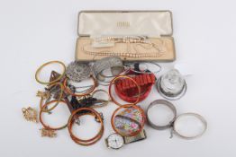 A group of costume jewellery, watches and two silver bangles.