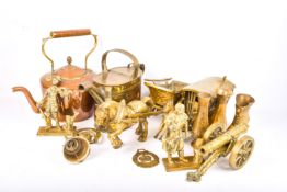 A collection of assorted copper and brass ware items. Including a copper kettle, etc.