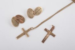 Two 9ct gold crosses and a pair of cufflinks.