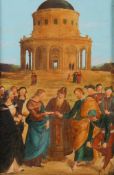 A hand coloured print on canvas of 'The Marriage of the Virgin' after Raphael.