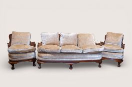 An early 20th century mahogany framed caned bergere three piece suite.