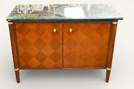 A contemporary Regency style marble top sideboard with checkerboard marquetry pattern doors.
