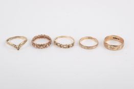 Five 9ct gold rings. With engraved or pierced details, four hallmarked, one engraved 9ct.