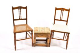 Two cane seated bedroom chairs and an embroidered seat stool.