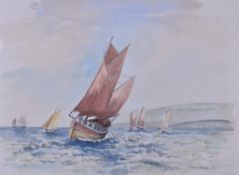 Peter Webster (20th century) watercolour, boats sailing off the coast.