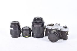 A Fujica STX-1 35mm camera and lens with three further lenses. A Sirius 28- 70mm f/3.5-4.