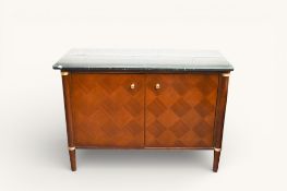 A contemporary Regency style marble top sideboard with checkerboard marquetry pattern doors.