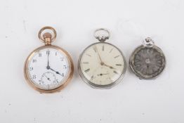 Three open faced pocket watches.