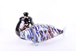 A large mid-century Murano glass fish and black glass ginger jar.
