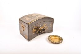 A Chinese style lacquered dome topped box and a bronze dish.