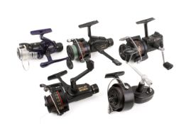 Five Mitchell spool spinning fishing reels.