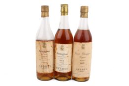 Two vintage bottles of Armagnac and a bottle of Cognac, Averys Bristol.