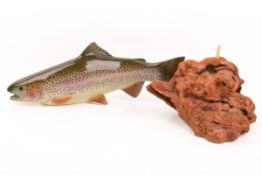 Bob Berry, Big Sky Carvers, carved wood rainbow trout, signed. Dated '87 with burl wood stand.