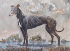 Oil on board of a greyhound.