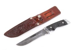 A Hunter knife in a tooled brown leather scabbard. Total length 25cm.