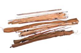 A collection of six assorted vintage spilt cane fishing rods.
