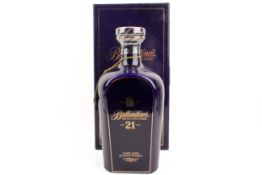 Ballantines 21 years Scotch Whisky. Purple decanter, boxed.