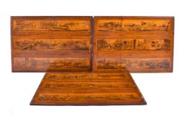 Three wood panels each mounted with three hunting themed coloured prints.