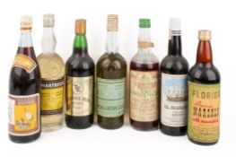 A collection of seven assorted bottles of vintage alcohol. Including Chartreuse, Pimm's No.