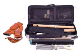 An Aurora Archery trolley bag and contents. Including a leather quiver and arrows, etc.