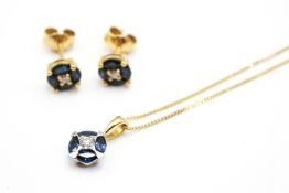 A gold, sapphire and diamond necklace and earring set. With round brilliant cut diamonds of circa 0.