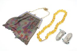 A 1920s French Art Deco coloured chain mesh evening bag and other items.