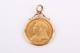 An 1894 mounted sovereign coin. The mount with 9ct gold hallmarks, gross weight 9.6g.