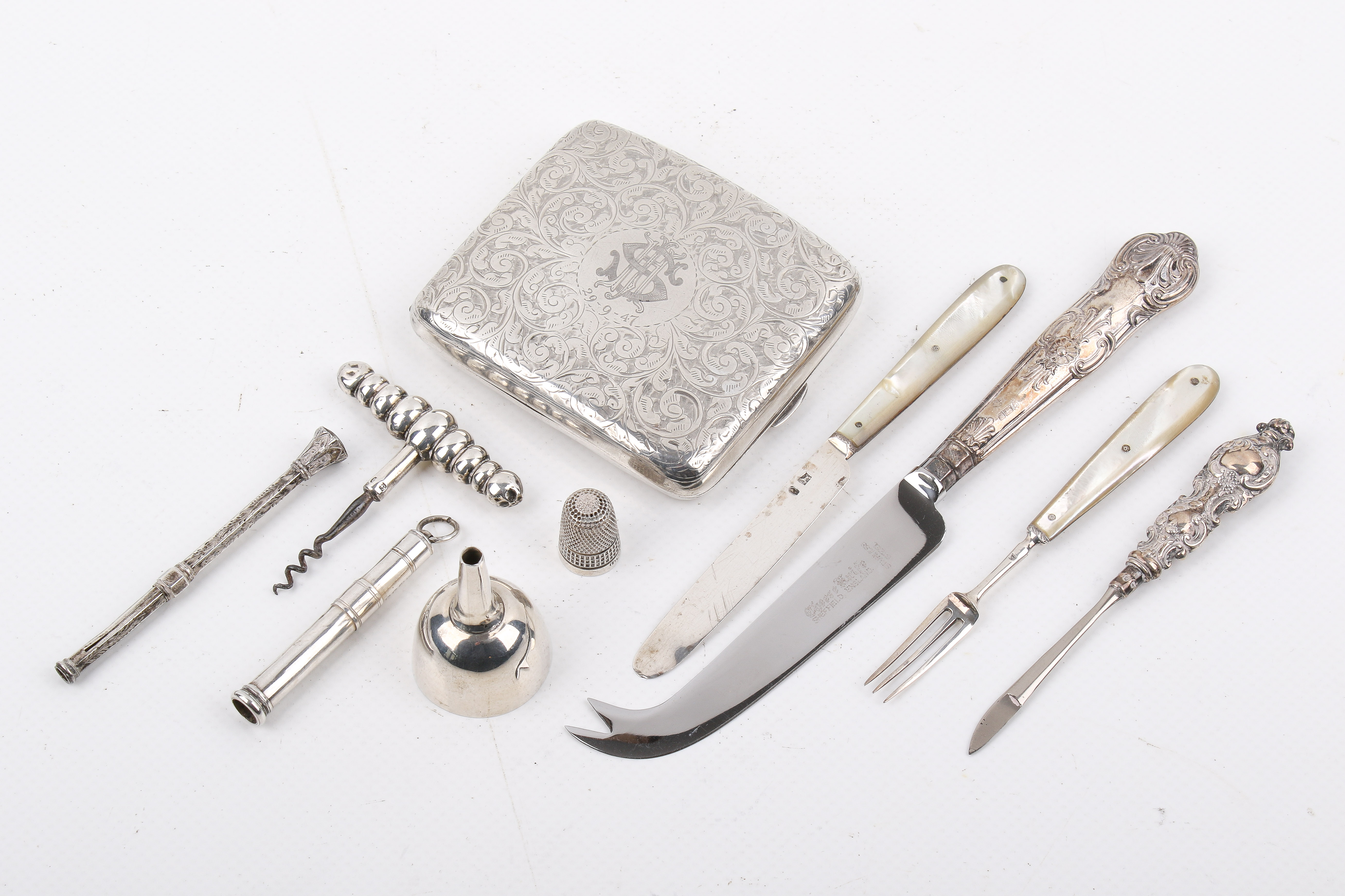 Small quantity of miscellaneous silver and white metal items. Including a cigarette case, etc.
