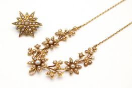 An Edwardian seed pearl necklet and brooch.