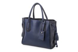 A blue leather Longchamp handbag.