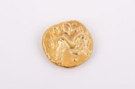 A 50-60 BC gold stater coin, Gallic War issue. Diameter 16.5mm, weight 6.3g of pure gold.