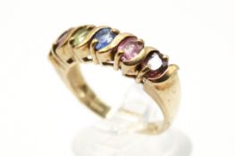 A hallmarked 9ct gold dress ring. Set with multicoloured natural gemstones of mixed hues. Size N, 4.