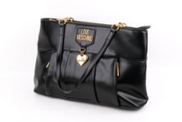 A black leather Love Moschino handbag.