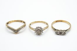 Three diamond set rings. Two hallmarked 9ct gold and one marked 9ct gold with platinum setting.