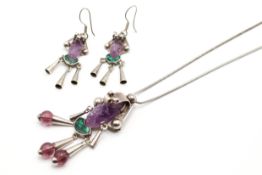 A Mexican silver and hardstone Mexican earrings and necklace set.