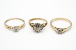 Three hallmarked 9ct gold diamond set rings.