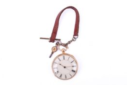 An 18ct gold pocket watch. With black Roman numerals to the cream face, case diameter 4.