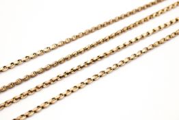 A long 9ct gold chain necklace. Marked 9ct to clasp and end link, length 144cm, weight 30.7g.