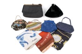 A group of six vintage handbags and three silk scarves.