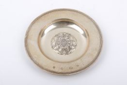 A Stirling silver hallmarked Armada dish with embossed 'Tudor rose'. C J Vander Ltd., London, 1968.