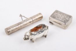 Three small silver items including a pin cushion. The cushion in the form of a pig, length 4.