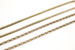 Two gold chain necklaces. One snake chain, unmarked tested as 9ct gold, L40cm, weighing 14.