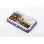 A blue enamel and white metal snuff box. Depicting Constable's 'Haywain' to the lid, stamped 925.
