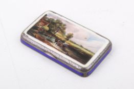 A blue enamel and white metal snuff box. Depicting Constable's 'Haywain' to the lid, stamped 925.