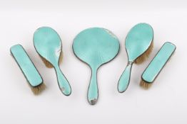 A Stirling silver hallmarked and enamel dressing table set (af).